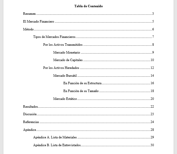 Índice o Tabla de Contenido – Normas APA